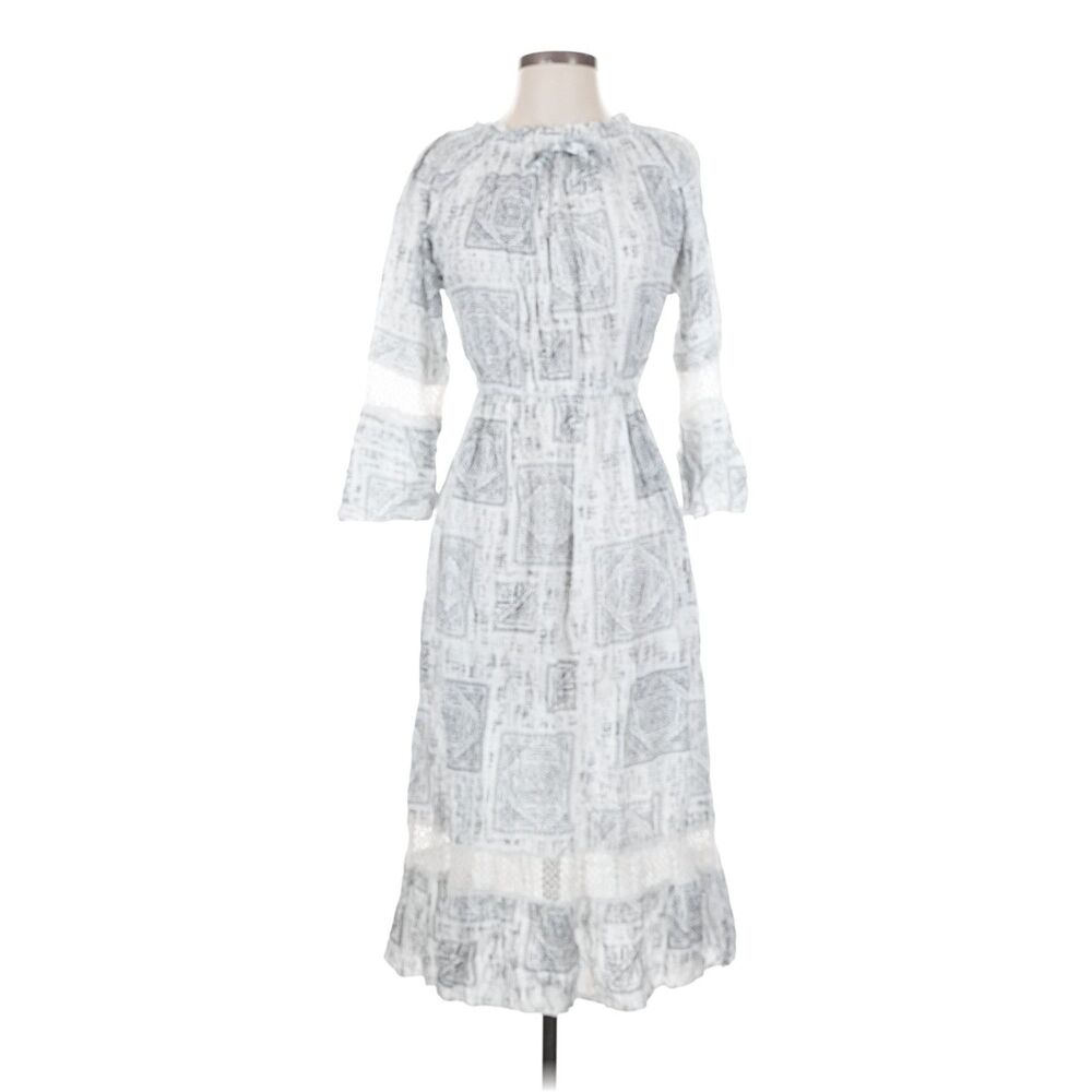 DOEN Replica White Black Paisley Print Lace Bell Sleeve Midi Dress Womens S